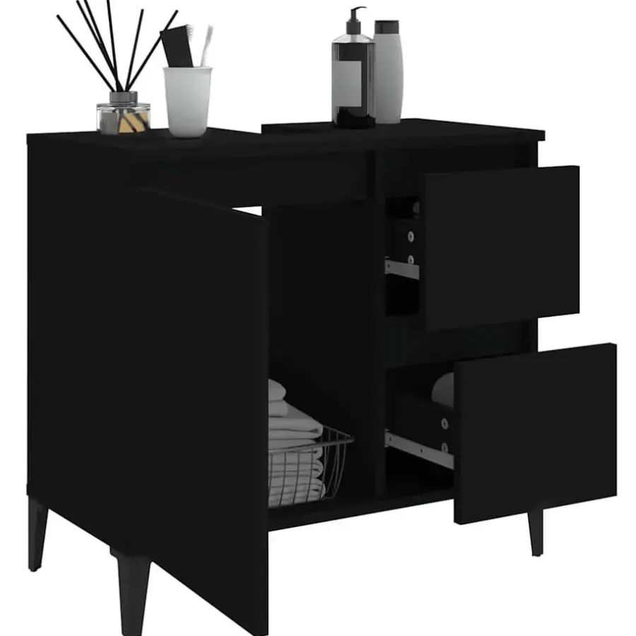 vidaXL - Zwart Wastafelonderkast - 1 deur 2 lades - Hout en metaal - 65x33x60 cm