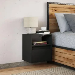 vidaXL - Zwevend LED Nachtkastje met lade en vak - Zwart - Hout - 41x31x45 cm