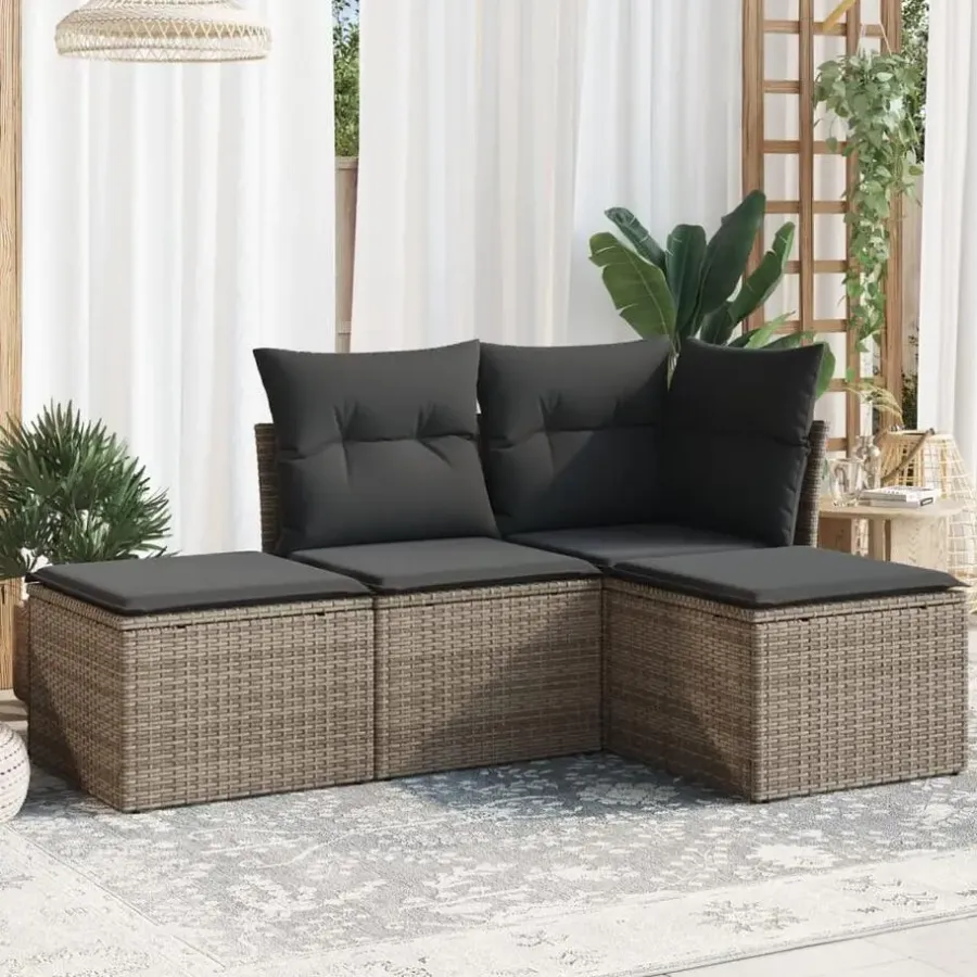 Loungesets-vidaXL 4-delige Loungeset met kussens - 4 personen - Grijs - Poly rattan