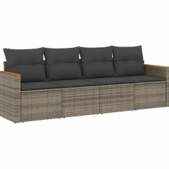 vidaXL 4-delige Loungeset met kussens en hout armsteun - Grijs - Poly rattan