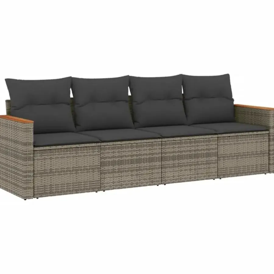 vidaXL 4-delige Loungeset met kussens en hout armsteun - Grijs - Poly rattan
