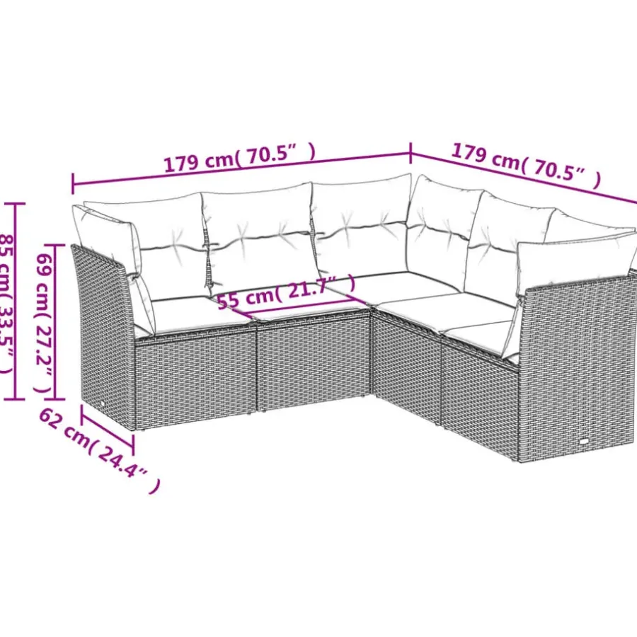 Loungesets-vidaXL 5-delige Loungeset met kussens voor 5 personen - Grijs - Poly Rattan