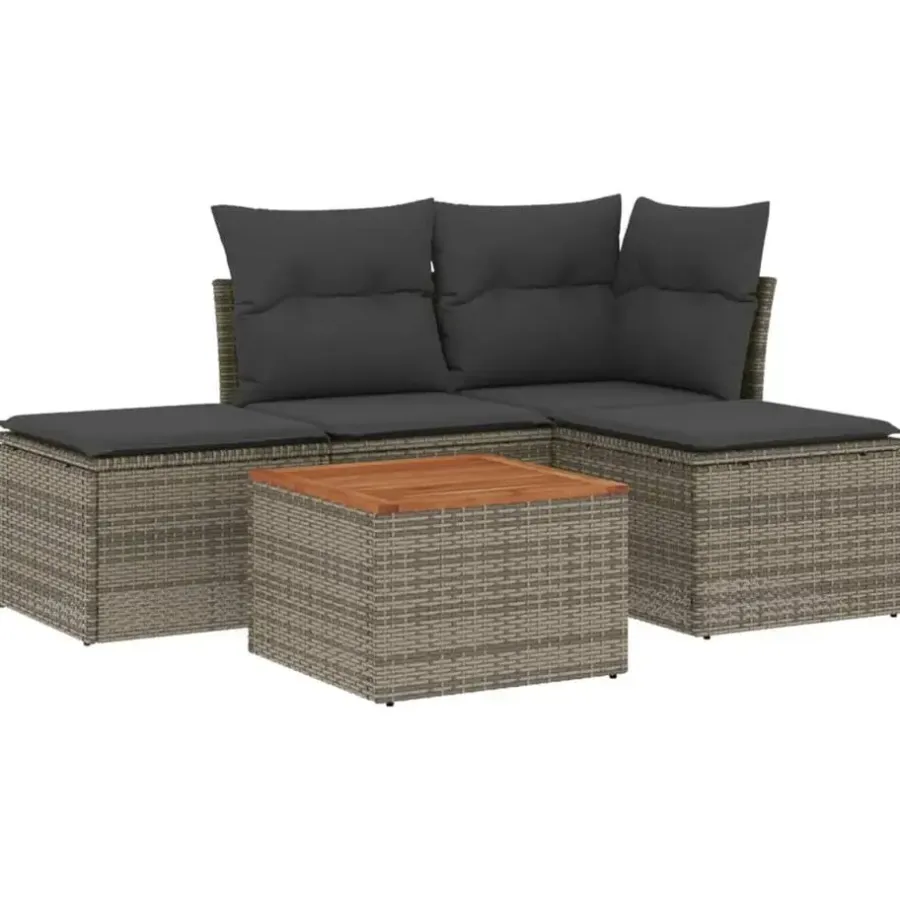 Loungesets-vidaXL 5-delige Loungeset met kussens & salontafel - Grijs - Poly rattan