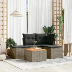 Loungesets-vidaXL 5-delige Loungeset met kussens & salontafel - Grijs - Poly rattan