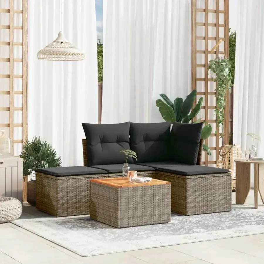 Loungesets-vidaXL 5-delige Loungeset met kussens & salontafel - Grijs - Poly rattan