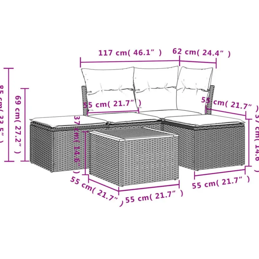 Loungesets-vidaXL 5-delige Loungeset met kussens & salontafel - Grijs - Poly rattan