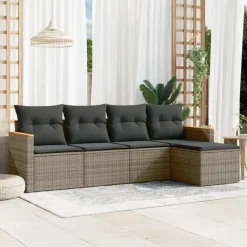 Loungesets-vidaXL 5-delige Loungeset met kussens en kruk - hout armsteun - Grijs