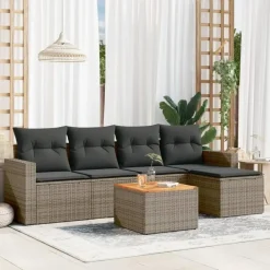 Loungesets|Loungesets-vidaXL 6-delige Loungeset met kussens en salontafel - Grijs - Poly rattan