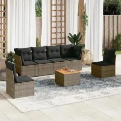 Loungesets-vidaXL 7-delige Loungeset met kussens en hout salontafel - Grijs - Poly rattan
