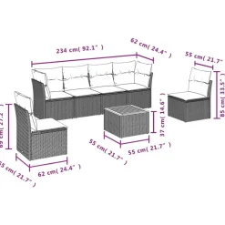 Loungesets-vidaXL 7-delige Loungeset met kussens en hout salontafel - Grijs - Poly rattan