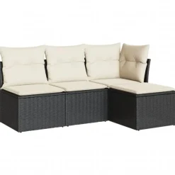 Loungebanken-vidaXL 4-delige Loungeset met kussens - Zwart en crème - Poly rattan