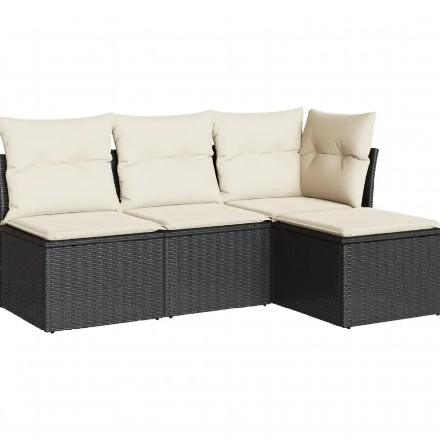 Loungebanken-vidaXL 4-delige Loungeset met kussens - Zwart en crème - Poly rattan