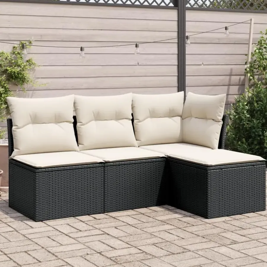 Loungebanken-vidaXL 4-delige Loungeset met kussens - Zwart en crème - Poly rattan