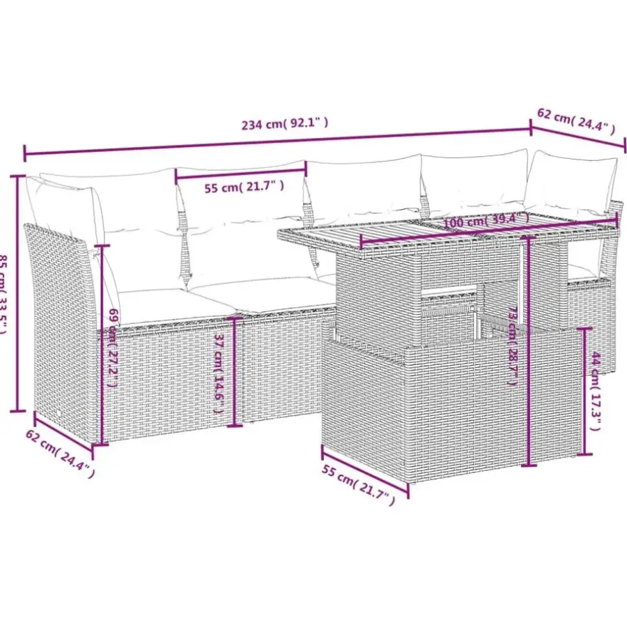 vidaXL 5-delige Loungeset voor 4 met kussens en verstelbaar hout salontafel