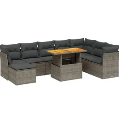 Loungesets-vidaXL 9-delige Loungeset voor 8 met kussens & verstelbaar hout salontafel
