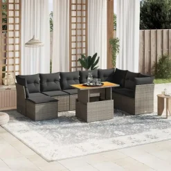 Loungesets-vidaXL 9-delige Loungeset voor 8 met kussens & verstelbaar hout salontafel