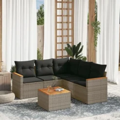 Loungesets-vidaXL 6-delige Loungeset voor 5 met kussens en salontafel - Grijs - Poly rattan