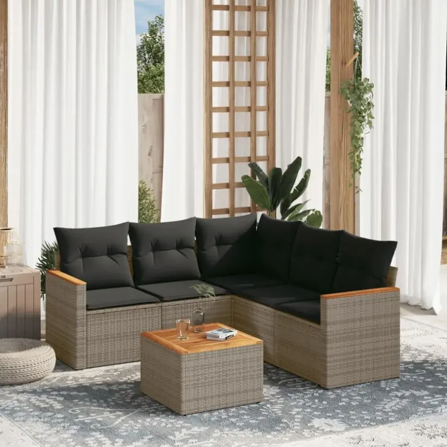 Loungesets-vidaXL 6-delige Loungeset voor 5 met kussens en salontafel - Grijs - Poly rattan