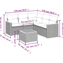 Loungesets-vidaXL 6-delige Loungeset voor 5 met kussens en salontafel - Grijs - Poly rattan