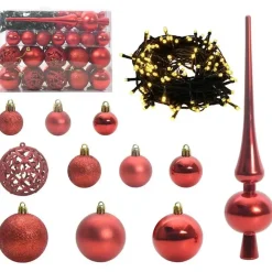 Kerstballen-vidaXL Kerstballen met 150 LED - 61-delig - Ø3/4/6 cm - Rood - Kunststof - Mix