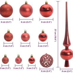 Kerstballen-vidaXL Kerstballen met 150 LED - 61-delig - Ø3/4/6 cm - Rood - Kunststof - Mix