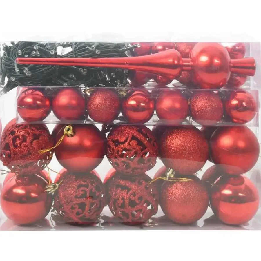Kerstballen-vidaXL Kerstballen met 150 LED - 61-delig - Ø3/4/6 cm - Rood - Kunststof - Mix