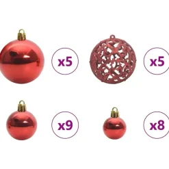 Kerstballen-vidaXL Kerstballen met 150 LED - 61-delig - Ø3/4/6 cm - Rood - Kunststof - Mix