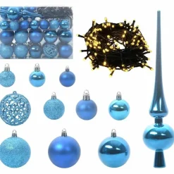 Kerstballen-vidaXL Kerstballen set met 150 LED - 61x - Ø3/4/6 cm - Blauw - Kunststof - Mix