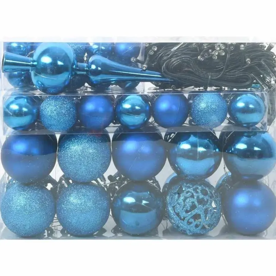 Kerstballen-vidaXL Kerstballen set met 150 LED - 61x - Ø3/4/6 cm - Blauw - Kunststof - Mix