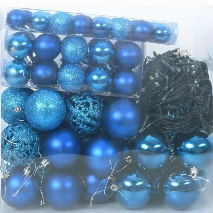 Kerstballen-vidaXL Kerstballen set met 300 LED - 120x - Ø3/4/6 cm - Blauw - Kunststof - Mix