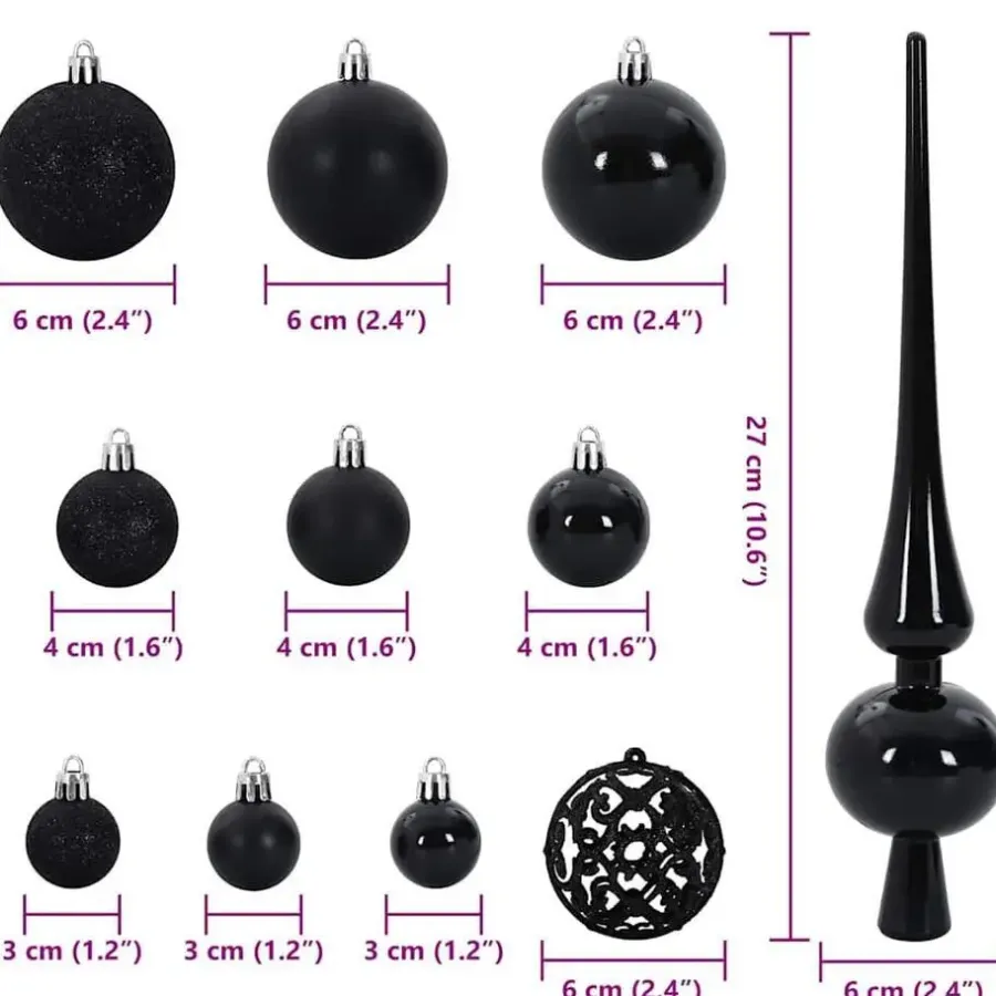 vidaXL Kerstballen set met 300 LED - 120x - Ø3/4/6 cm - Zwart - Kunststof - Mix