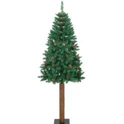 Kerstbomen-vidaXL Kerstboom met echt hout en dennenappels smal 210 cm PVC groen