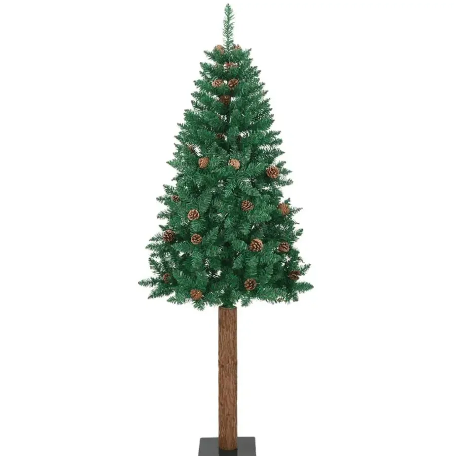 Kerstbomen-vidaXL Kerstboom met echt hout en dennenappels smal 210 cm PVC groen