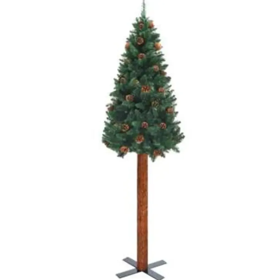 Kerstbomen-vidaXL Kerstboom met echt hout en dennenappels smal 210 cm PVC groen