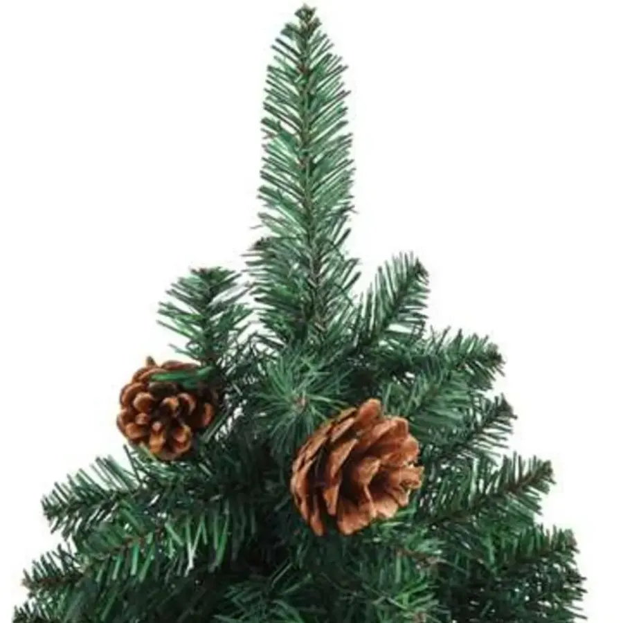 Kerstbomen-vidaXL Kerstboom met echt hout en dennenappels smal 210 cm PVC groen