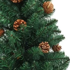 Kerstbomen-vidaXL Kerstboom met echt hout en dennenappels smal 210 cm PVC groen