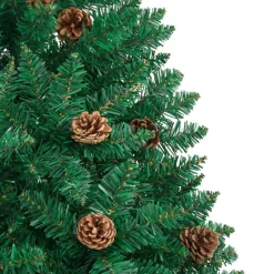 Kerstbomen-vidaXL Kerstboom met echt hout en dennenappels smal 210 cm PVC groen