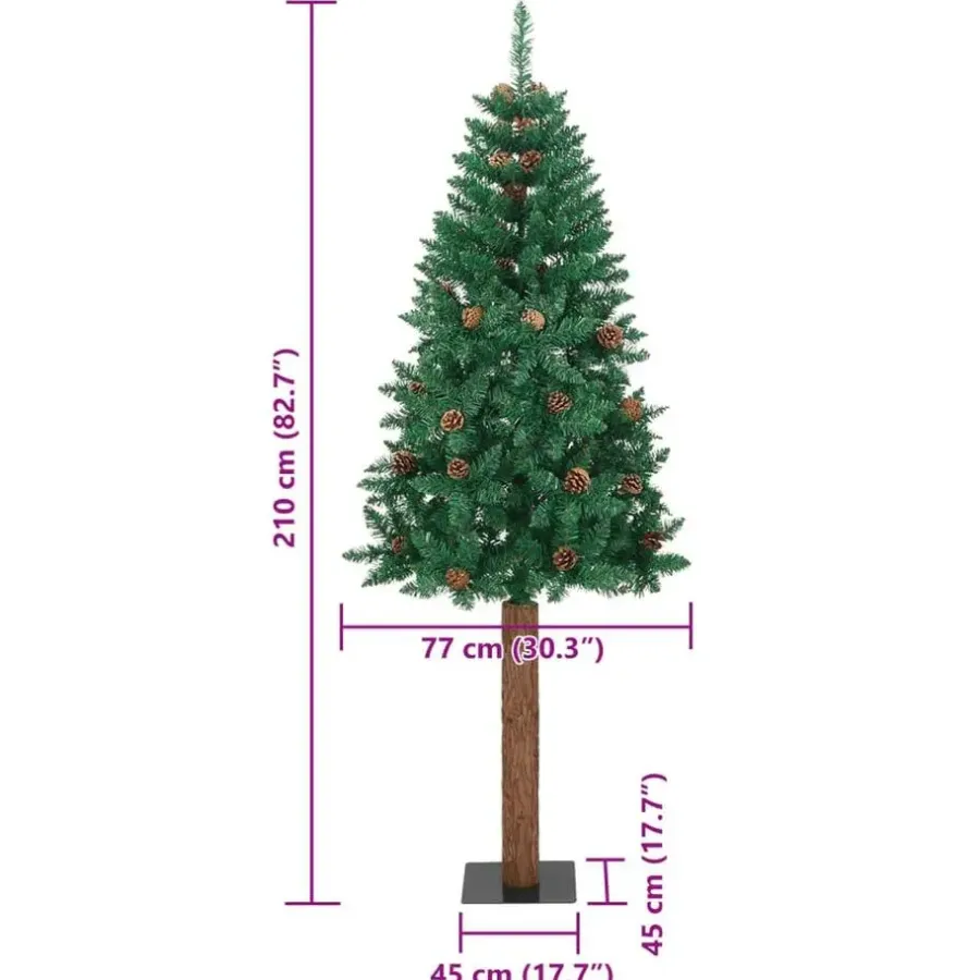 Kerstbomen-vidaXL Kerstboom met echt hout en dennenappels smal 210 cm PVC groen