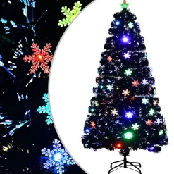 Kerstbomen-vidaXL Kerstboom met LED-sneeuwvlokken 120 cm glasvezel zwart