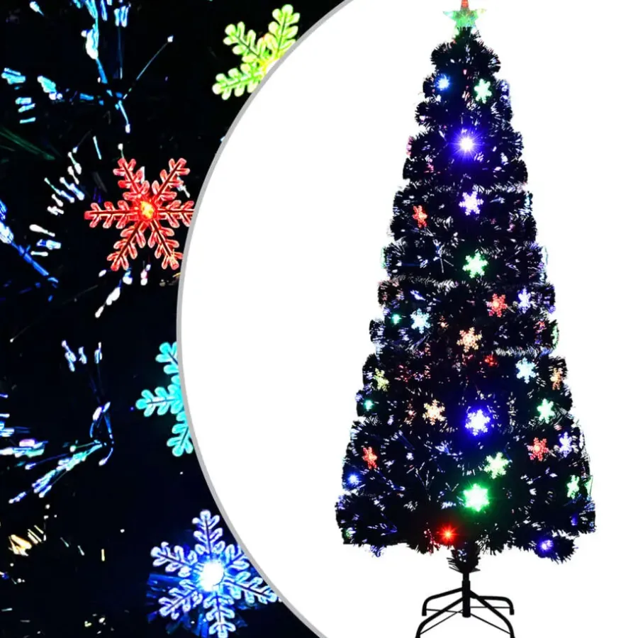 vidaXL Kerstboom met LED-sneeuwvlokken 210 cm glasvezel zwart