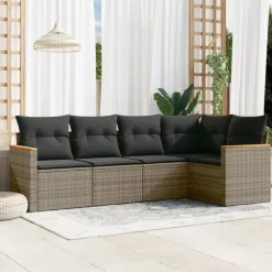 vidaXL Loungbank voor 5 met kussens en armsteun - Grijs - Poly rattan