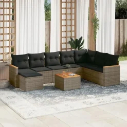 Loungesets-vidaXL Loungeset met 8 kussens en hout armsteun & salontafel - Grijs - 9 stuks