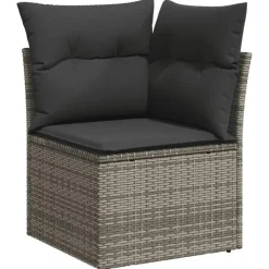 Loungesets-vidaXL Loungeset met 8 kussens en hout armsteun & salontafel - Grijs - 9 stuks