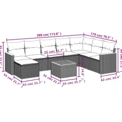 Loungesets-vidaXL Loungeset met 8 kussens en hout armsteun & salontafel - Grijs - 9 stuks