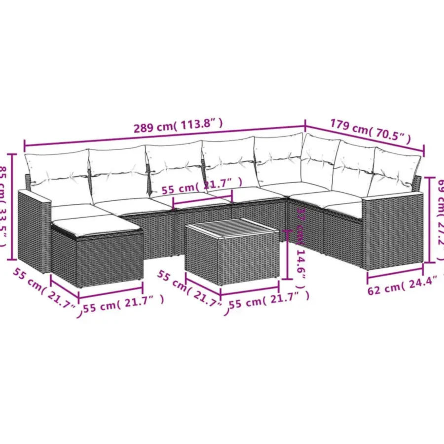 Loungesets-vidaXL Loungeset met 8 kussens en hout armsteun & salontafel - Grijs - 9 stuks