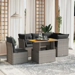 Loungesets-vidaXL Loungeset met kussens & verstelbaar hout tuintafel - Donkergrijs 5 stuks