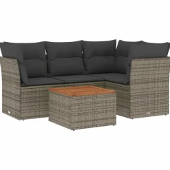 Loungesets-vidaXL Loungeset met kussens & hout salontafel - Grijs - Poly rattan - 5 stuks
