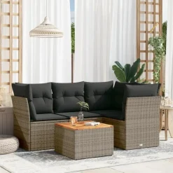 Loungesets-vidaXL Loungeset met kussens & hout salontafel - Grijs - Poly rattan - 5 stuks
