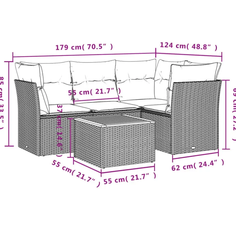 Loungesets-vidaXL Loungeset met kussens & hout salontafel - Grijs - Poly rattan - 5 stuks
