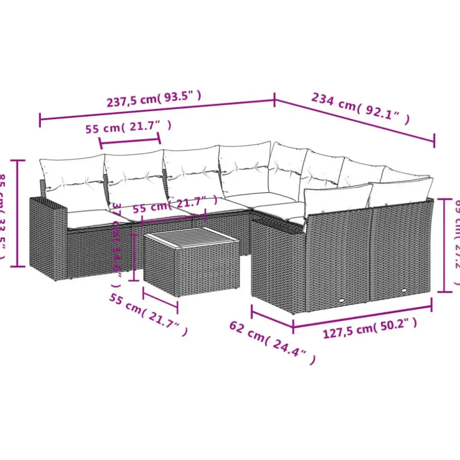 vidaXL Loungeset met kussens & salontafel voor 8 personen- Grijs - Poly rattan
